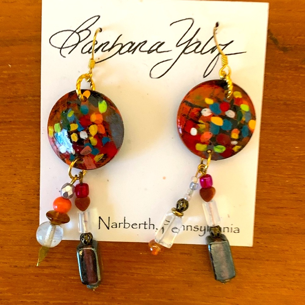 Hand painted earrings with beads. Barbara Yalof, one of a kind dangles.